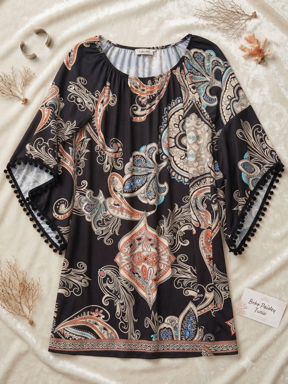 Boho Paisley Black Tunic Top with Pom Trim